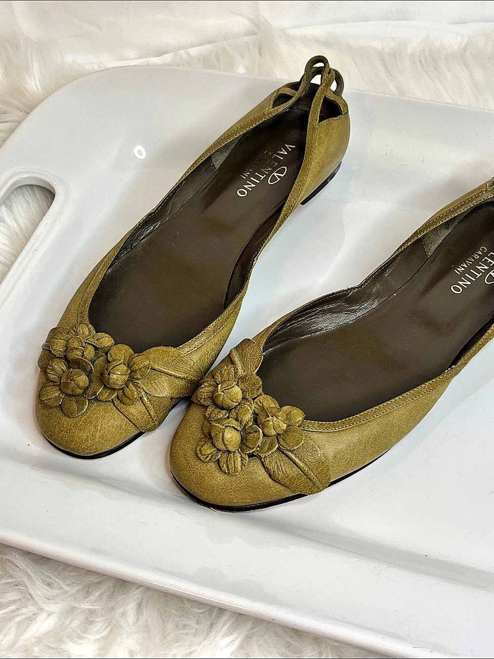 VTG 2003 Valentino Floral Ballet Flats Olive US 10